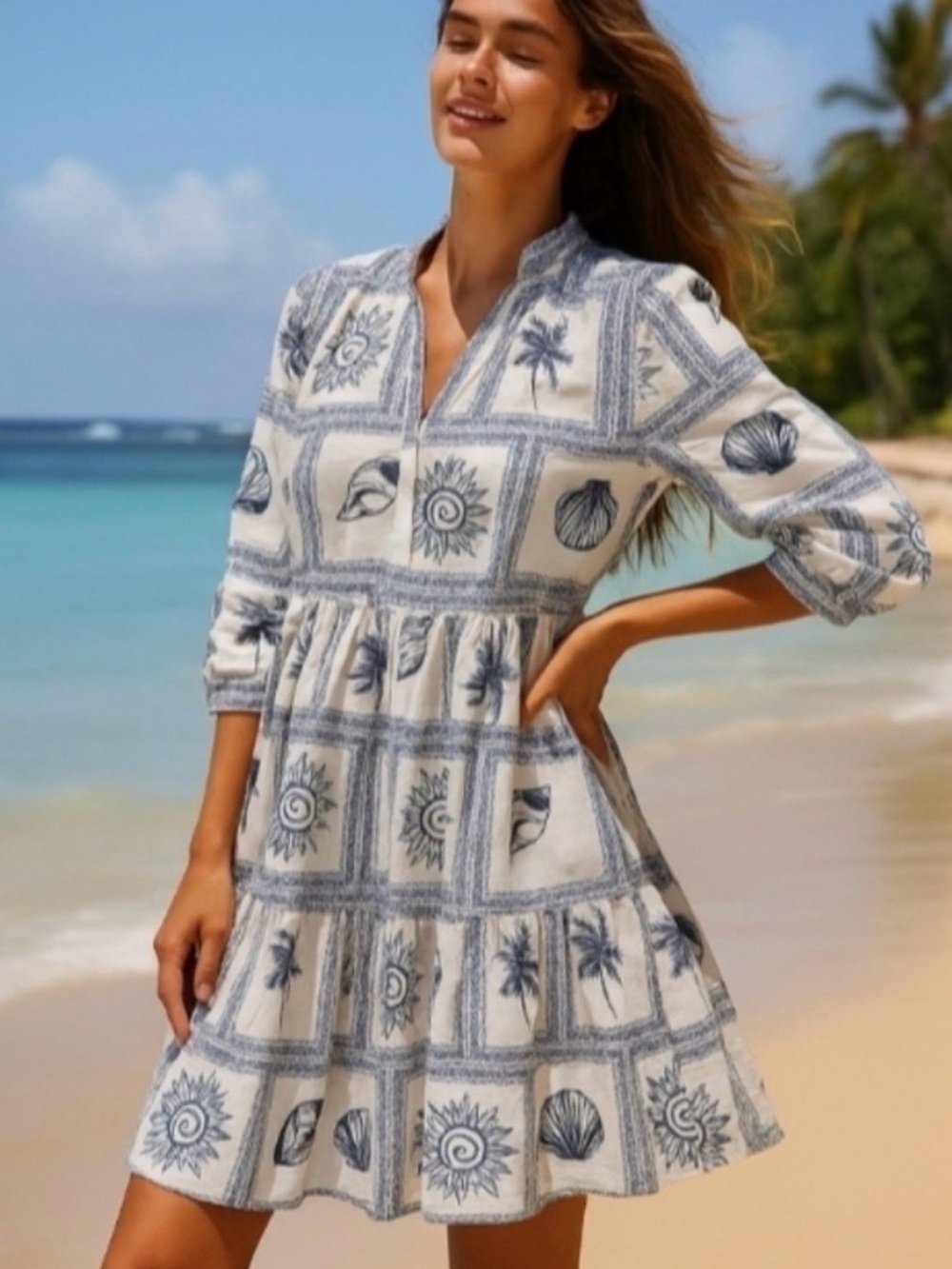 Calypso St. Barth White & Blue Nautical Print Tiered Swim Cover-Up Dress